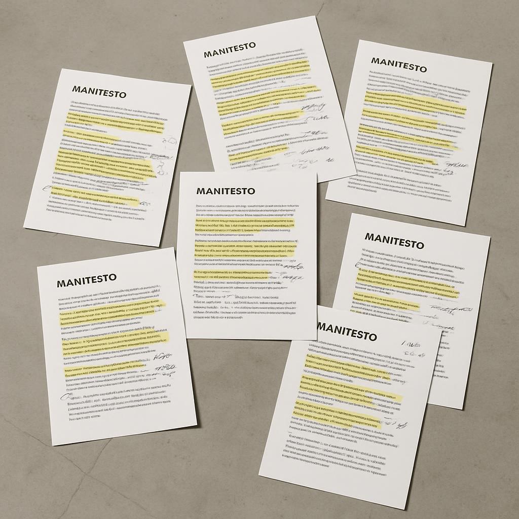 Diez fotos de tarjetas de MANITESTO con notas en español