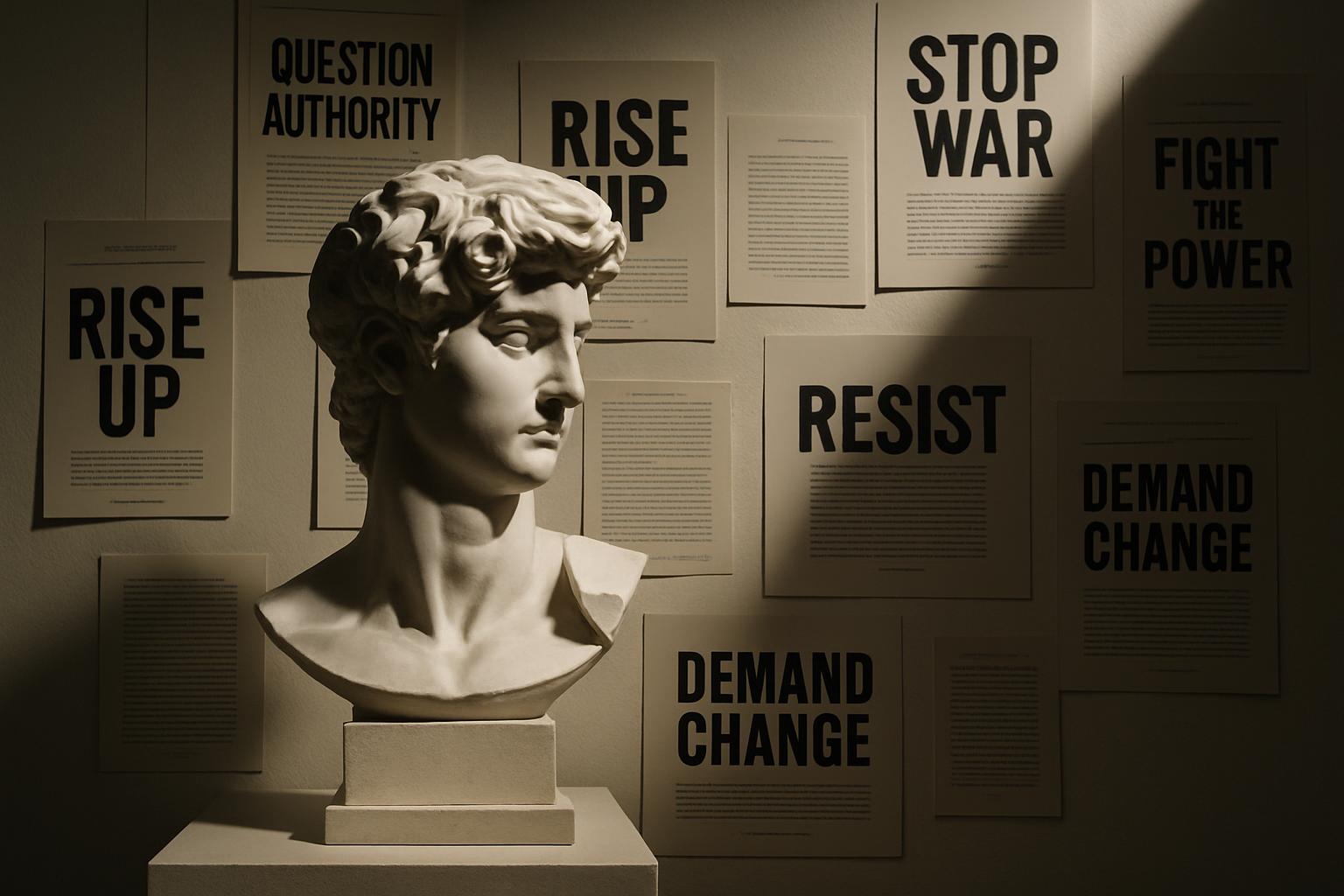 "A modern art installation featuring a white bust of David and social justice motivational posters on a wall."